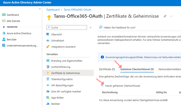 M365 Zertifikate und Geheimnisse