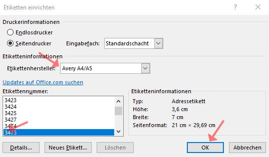 M365 Word Etikettenauswahl