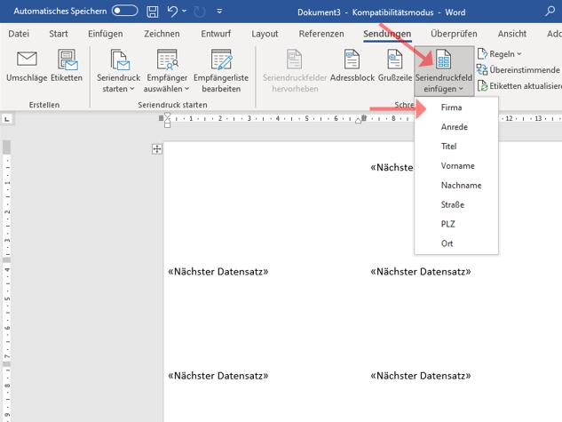 M365 Seriendruckfeld einfügen