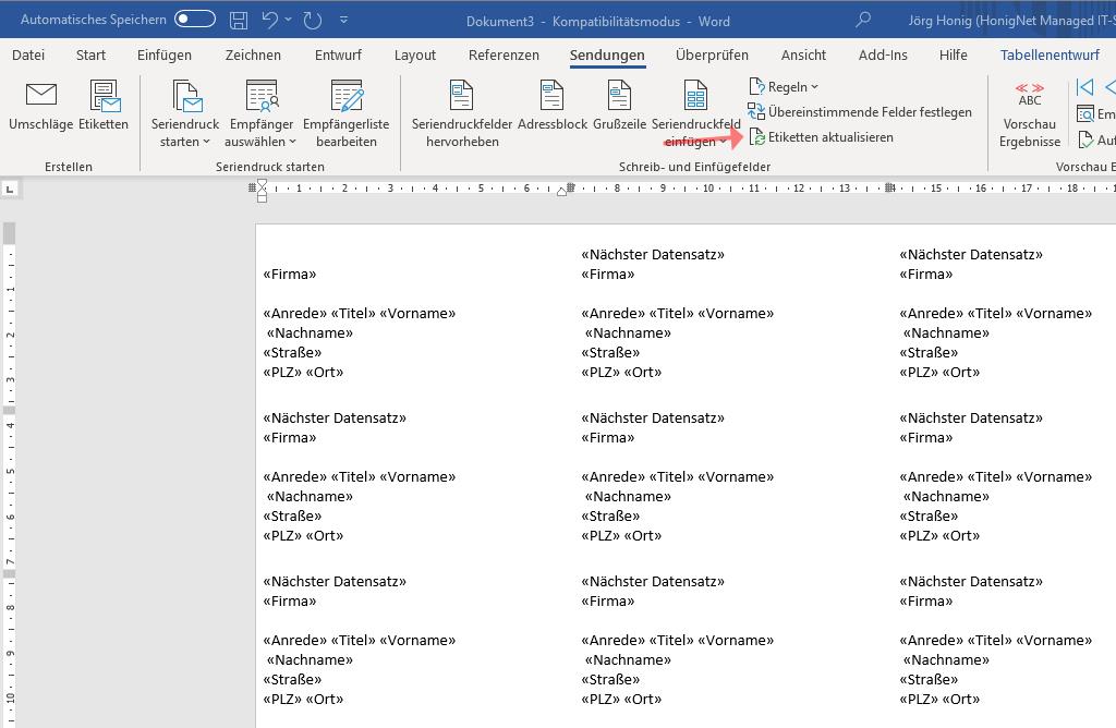 M365 Word Seriendruck Felder Aktualisieren