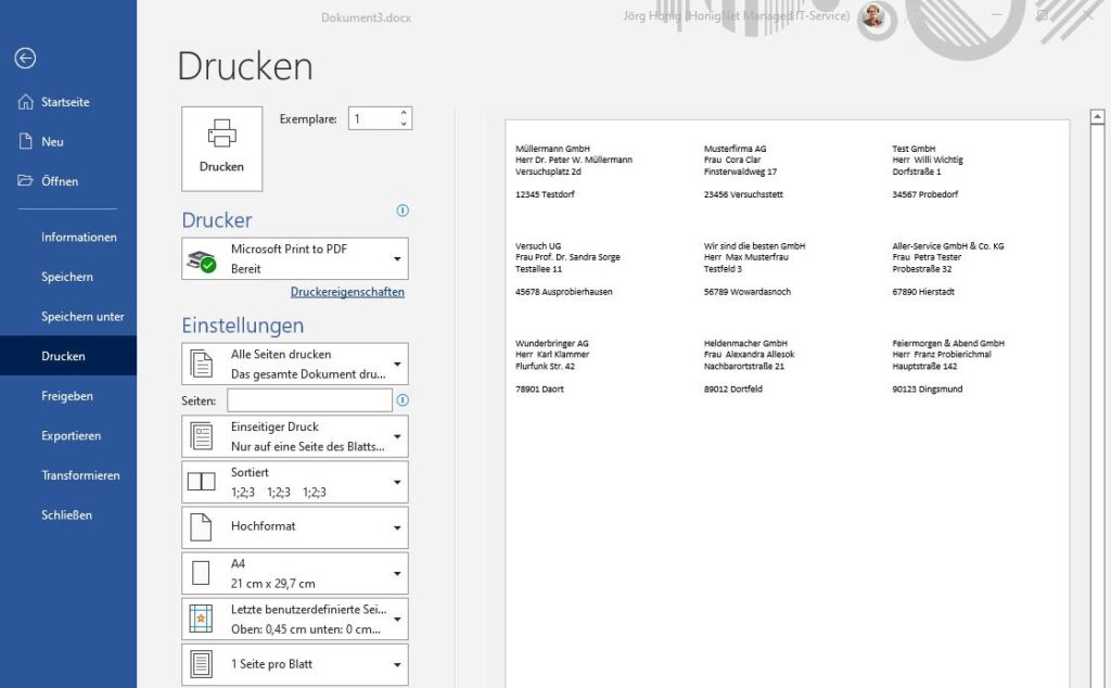 M365 Word Seriendruck Layout