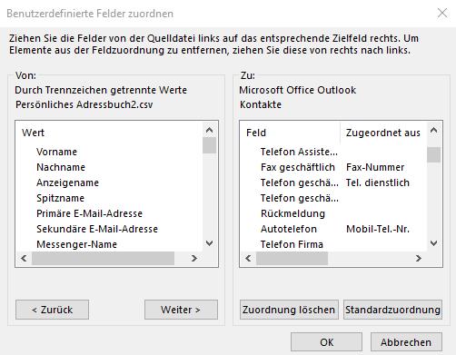 Die zugeordneten Felder in Outlook